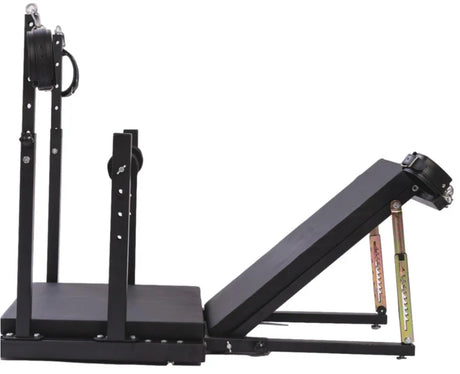 Adjustable Leg Positioning and Restraint Bench for Controlled Exposure left side view, heavy-duty adjustable BDSM furniture featuring reinforced frame, padded support surfaces, and secure leg restraint system for stable positioning and support.
