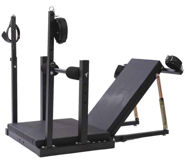 Adjustable Leg Positioning and Restraint Bench for Controlled Exposure side view, heavy-duty adjustable BDSM furniture featuring reinforced frame, padded support surfaces, and secure leg restraint system for stable positioning and support.
