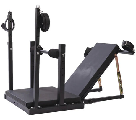 Adjustable Leg Positioning and Restraint Bench for Controlled Exposure side view, heavy-duty adjustable BDSM furniture featuring reinforced frame, padded support surfaces, and secure leg restraint system for stable positioning and support.

