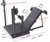 Adjustable Leg Positioning and Restraint Bench for Controlled Exposure with dimensions included, heavy-duty adjustable BDSM furniture featuring reinforced frame, padded support surfaces, and secure leg restraint system for stable positioning and support.
