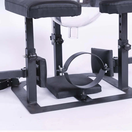 Adjustable queening chair with transparent funnel and head placement for BDSM and fetish furniture setup
