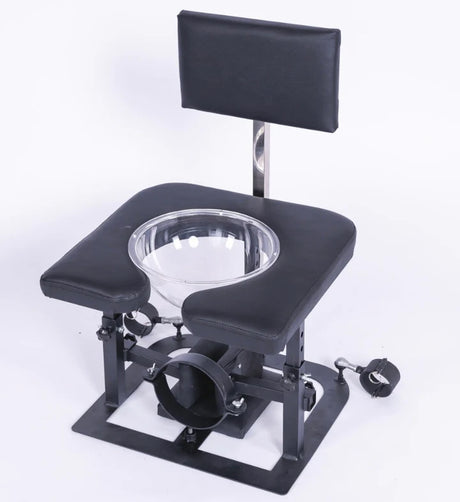 Adjustable queening chair with transparent funnel front view for BDSM and fetish furniture setup
