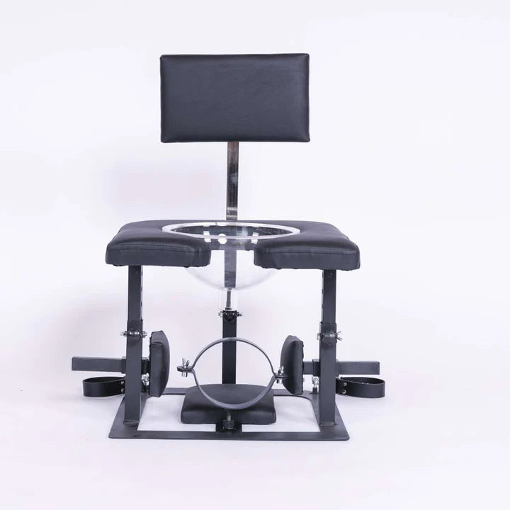 Adjustable queening chair with transparent funnel full view for BDSM and fetish furniture setup
