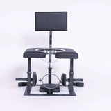 Adjustable queening chair with transparent funnel full view for BDSM and fetish furniture setup

