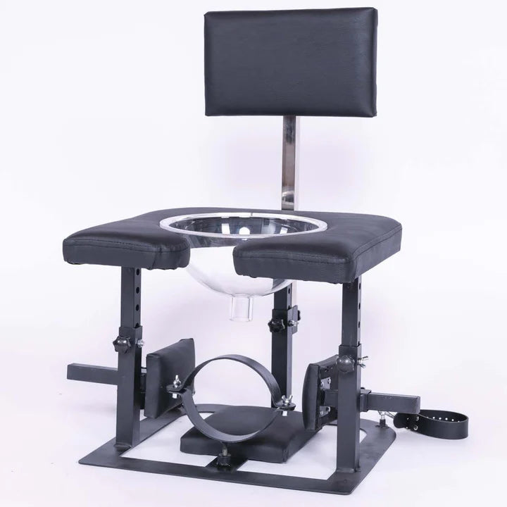Adjustable queening chair with transparent funnel full view with restraint for BDSM and fetish furniture setup
