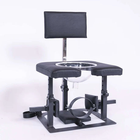Adjustable queening chair with transparent funnel left view for BDSM and fetish furniture use
