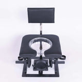 Adjustable queening chair with transparent funnel POV view for BDSM and fetish furniture setup
