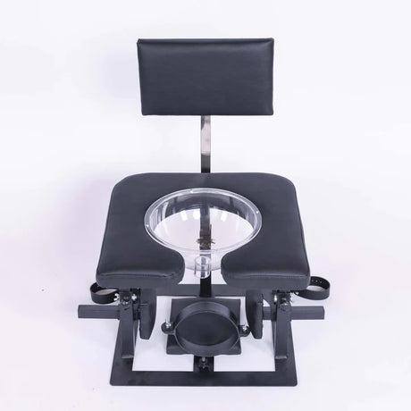 Adjustable queening chair with transparent funnel POV view for BDSM and fetish furniture setup
