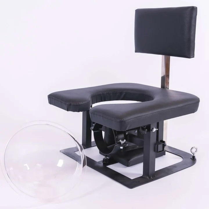 Adjustable queening chair with transparent funnel right view for BDSM and fetish furniture use
