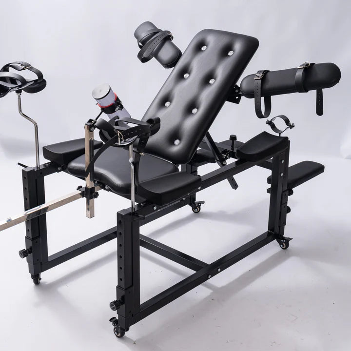 Commercial Adjustable Bench System with Integrated Motion Unit full view with accessories, heavy-duty adjustable seating system featuring reinforced frame, padded bench surface, integrated motion mechanism, and additional accessory attachments for stable support and controlled positioning.
