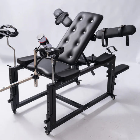 Commercial Adjustable Bench System with Integrated Motion Unit full view with accessories, heavy-duty adjustable seating system featuring reinforced frame, padded bench surface, integrated motion mechanism, and additional accessory attachments for stable support and controlled positioning.
