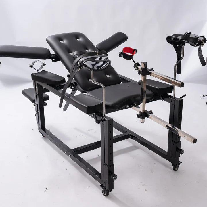 Commercial Adjustable Bench System with Integrated Motion Unit featuring neck restraint attachment, heavy-duty padded bench, reinforced frame, and adjustable positioning system for secure support and stability.
