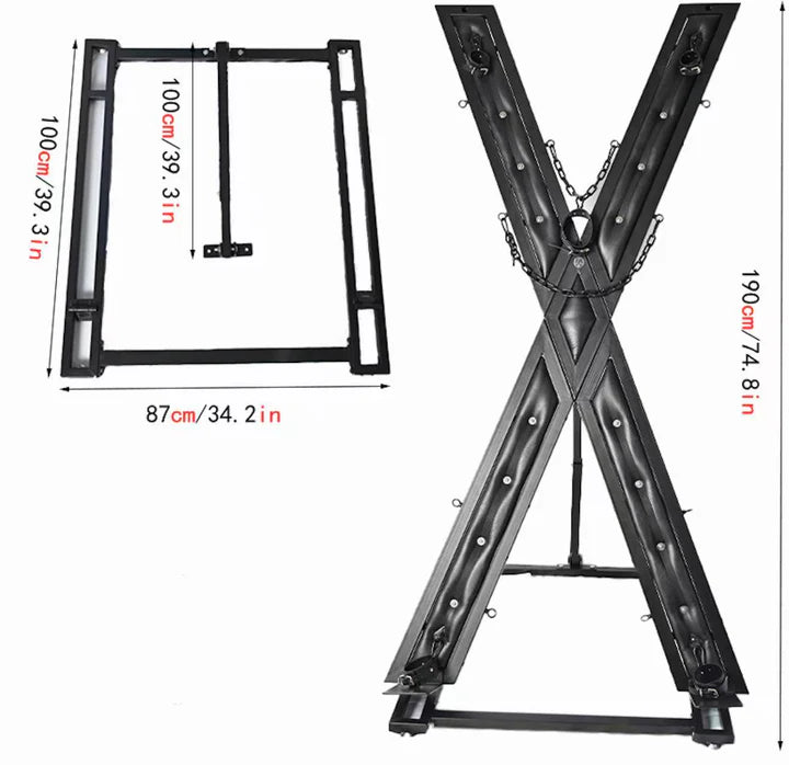 Elegant Noir St. Andrew’s Cross front view with specifications showing angled frame design, dimensions, sturdy black finish, and multiple restraint points.
