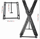 Elegant Noir St. Andrew’s Cross front view with specifications showing angled frame design, dimensions, sturdy black finish, and multiple restraint points.
