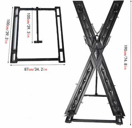 Elegant Noir St. Andrew’s Cross front view with specifications showing angled frame design, dimensions, sturdy black finish, and multiple restraint points.
