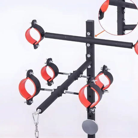 Hogtie platform integrated shackles and cuff detail - BDSM Authority