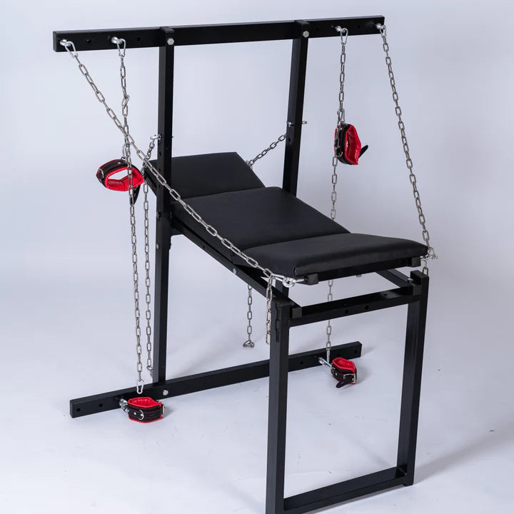 Exhibition bench for bondage, humiliation, and BDSM fetish play furniture with sturdy frame design
