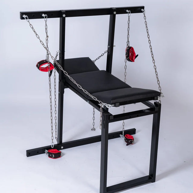 Exhibition bench for bondage, humiliation, and BDSM fetish play furniture with sturdy frame design
