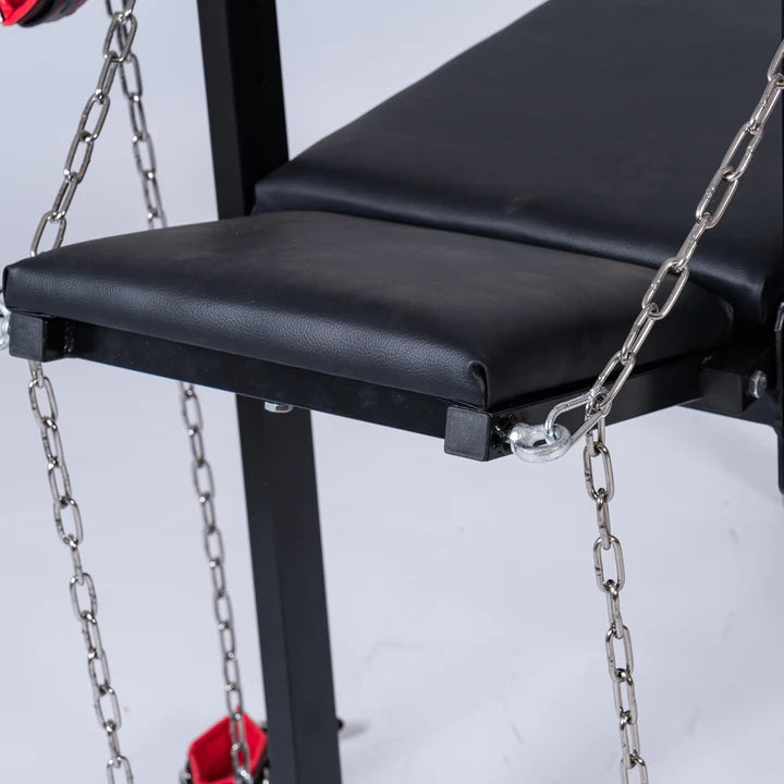 Exhibition bench for bondage, humiliation, and breeding fetish furniture with integrated chain restraint features for secure positioning and control design
