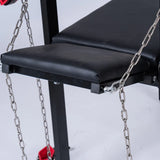 Exhibition bench for bondage, humiliation, and breeding fetish furniture with integrated chain restraint features for secure positioning and control design
