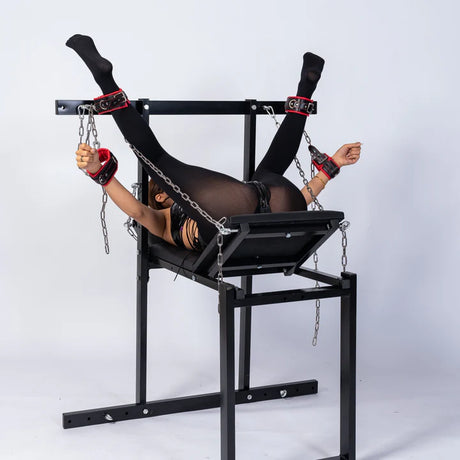 Exhibition bench full spread view showing complete frame structure and restraint layout - BDSM Authority