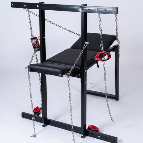 Exhibition bench top view showing full frame structure and pole layout - BDSM Authority