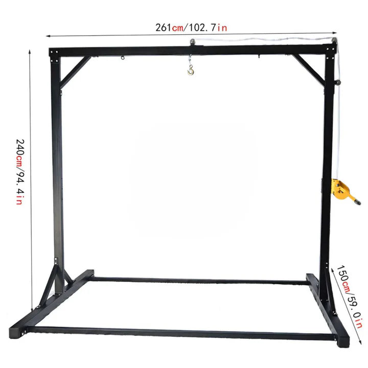Freestanding Suspension and Restraint Frame specifications showing reinforced steel construction, dimensions, weight capacity, anchor points, and stable base design.

