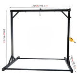 Freestanding Suspension and Restraint Frame specifications showing reinforced steel construction, dimensions, weight capacity, anchor points, and stable base design.
