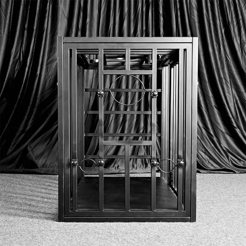 Double-lock position cage side view with welded steel bars and stable base, BDSM Authority