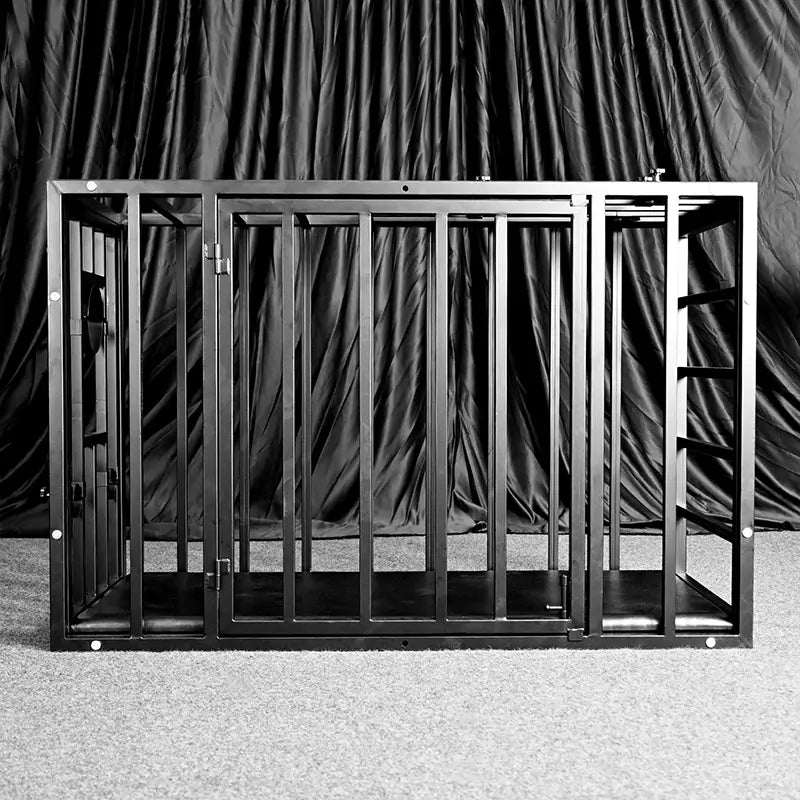 Double-lock position cage front view showing twin locking mechanism and reinforced steel frame, BDSM Authority