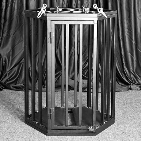 Heavy-duty hexagonal hanging cage style chair HQJS-026 front view showing durable suspended frame and modern hanging lounge seating design for indoor or outdoor use
