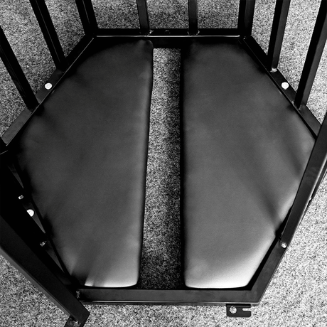 Heavy-duty hexagonal hanging cage style chair HQJS-026 inside view showing spacious cushioned seating and durable suspended frame for comfortable indoor or outdoor lounging
