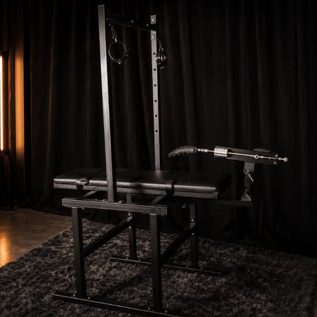 Heavy-duty leg-lift bondage frame with integrated mounting system for sex machine and adjustable steel support structure
