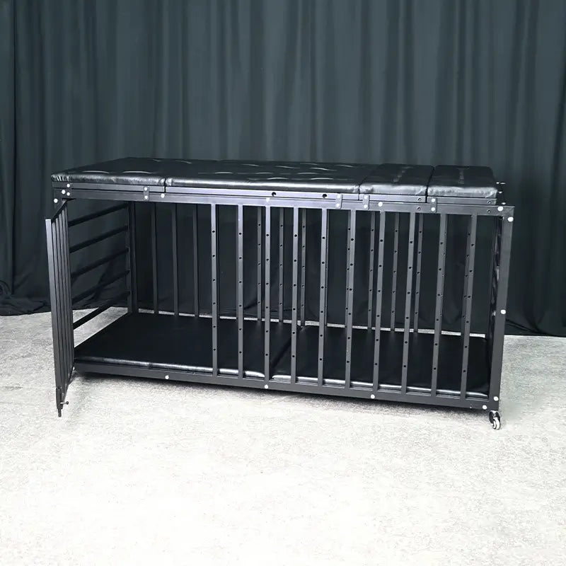 Heavy-duty Pleasure Bed HQJS-012 front right view showcasing a durable steel frame bed with reinforced structure and modern industrial design.
