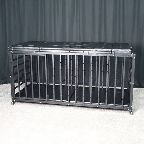 Heavy-duty Pleasure Bed HQJS-012 front view showcasing a sturdy steel frame bed with reinforced support and modern industrial-style design.
