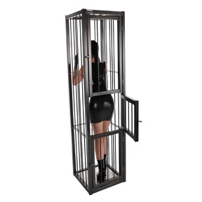 Heavy-duty stand-up cage with reinforced steel construction and secure locking enclosure design
