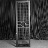 Heavy-duty standing BDSM cage side view with reinforced vertical frame and cross-bracing, BDSM Authority