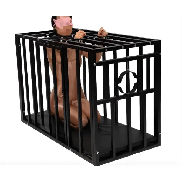 Heavy duty extra large confinement cage front side view showing reinforced frame and layout - BDSM Authority