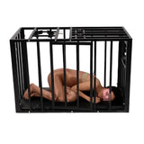 Heavy duty extra large confinement cage front view with model inside showing scale and structure - BDSM Authority