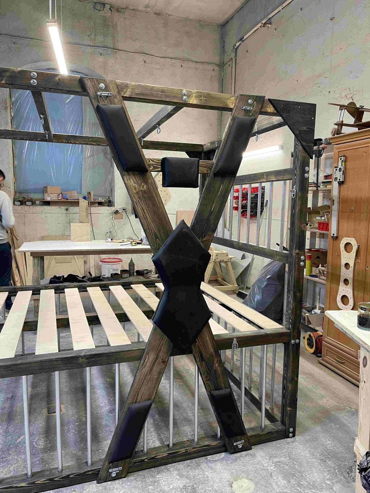 Queen Size BDSM Bed with Removable Cross – Elegant Dungeon Furniture for Passionate Play