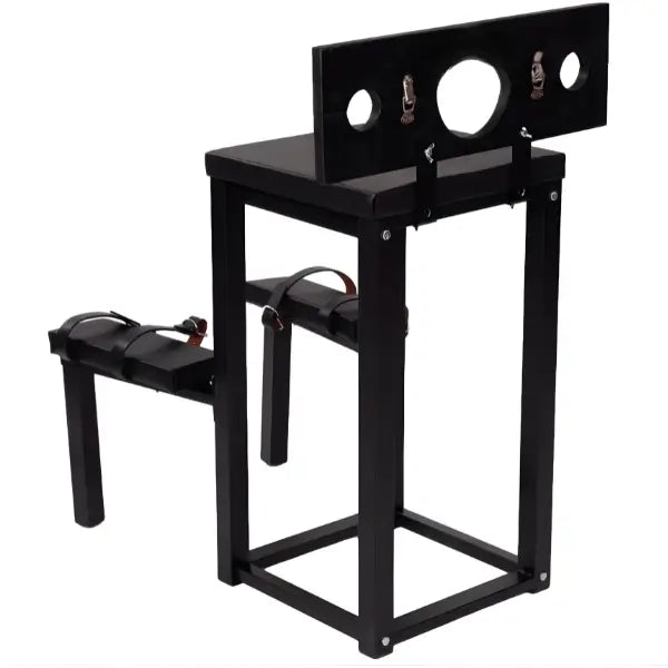 Kneeling stockade restraint bench with hinged head and wrist pillory and reinforced frame - BDSM Authority