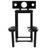 Kneeling stockade restraint bench front view showing pillory and secure positioning - BDSM Authority
