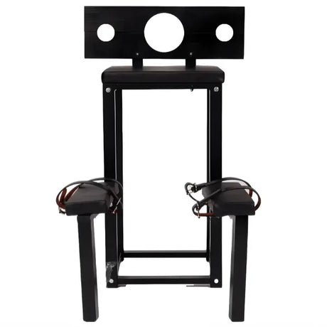 Kneeling stockade restraint bench front view showcasing sturdy frame, head support, and secure positioning structure
