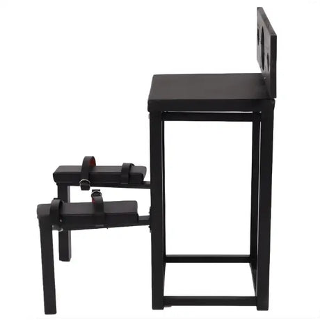 Kneeling stockade restraint bench side view showing structure, head support piece, and reinforced frame design
