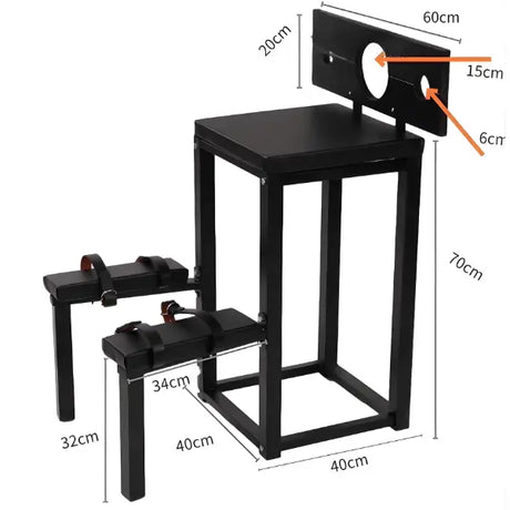 Kneeling stockade restraint bench with dimensions highlighting size, sturdy frame, and secure positioning design
