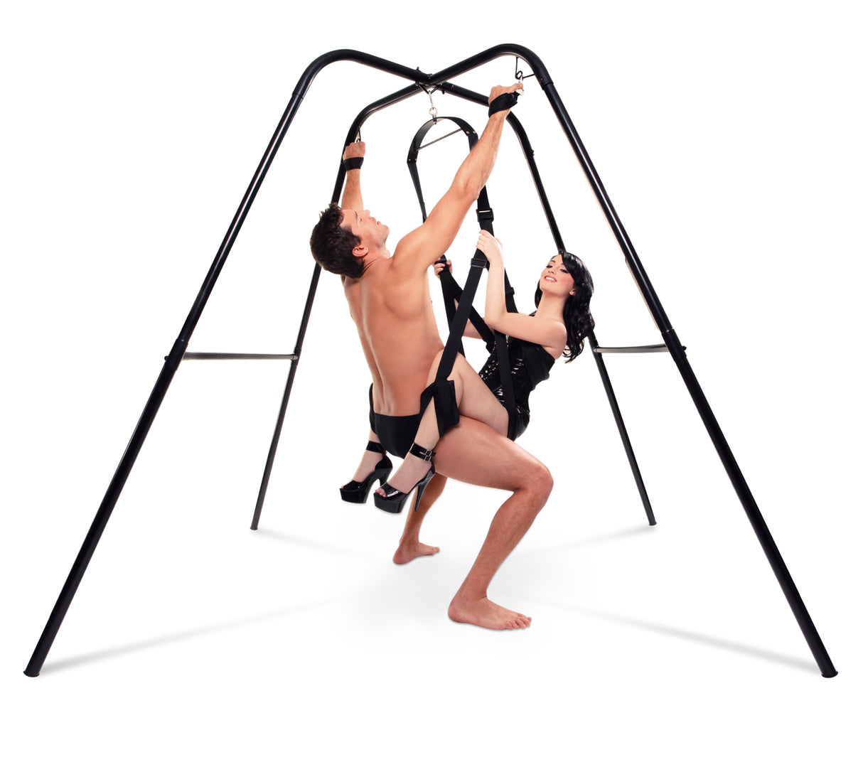 Fantasy sex swing stand steel frame with overhead bars and built-in bondage loops at BDSM Authority