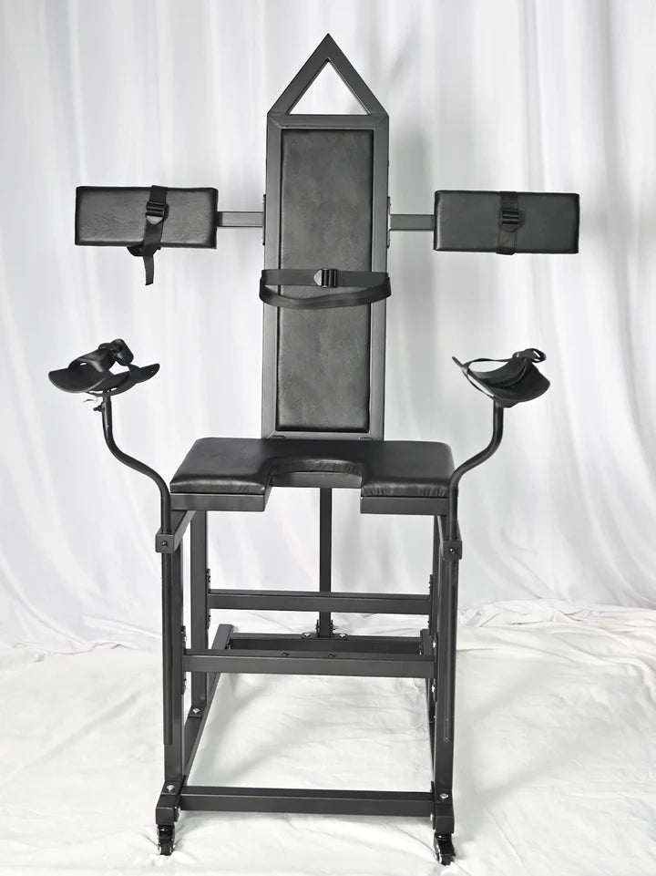 Leveled-Up Gynecology Chair Full-Control Positioning System front view, heavy-duty adjustable BDSM furniture with padded support, reinforced frame, and multi-angle positioning for secure stability and control.
