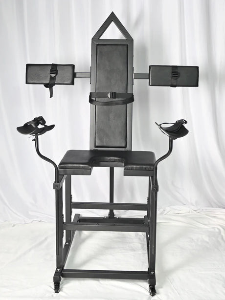 Leveled-Up Gynecology Chair Full-Control Positioning System front view, heavy-duty adjustable BDSM furniture with padded support, reinforced frame, and multi-angle positioning for secure stability and control.
