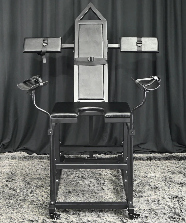 Leveled-Up Gynecology Chair Full-Control Positioning System front zoom view, close-up of heavy-duty adjustable BDSM chair featuring padded support, reinforced frame, and detailed multi-angle positioning controls for secure stability and control.
