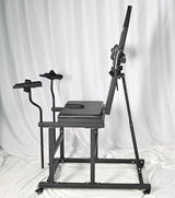 Leveled-Up Gynecology Chair Full-Control Positioning System left view, heavy-duty adjustable BDSM chair with padded support, reinforced frame, and multi-angle positioning for secure stability and control.

